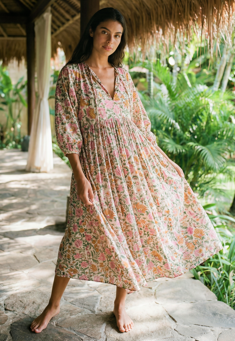 Rustic Blossom Midi Dress styled for resort wear