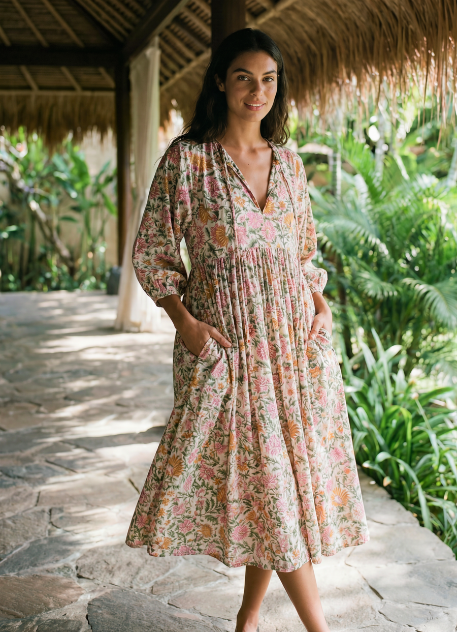Woman wearing Rustic Blossom Midi Dress with botanical block print