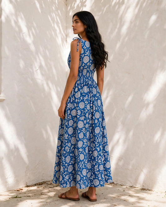 Blue Chrysanthemum Maxi Dress — indigo hand block print cotton maxi dress, back view