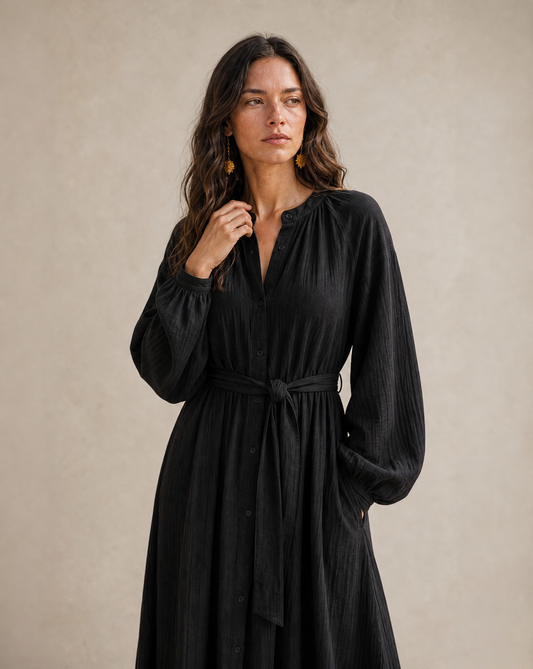 Midnight Bloom - Maxi Dress — black belted dress, neckline and sleeve detail