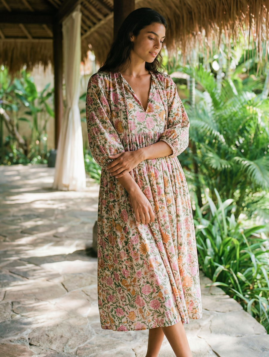 Close-up of Rustic Blossom Midi Dress vintage floral pattern