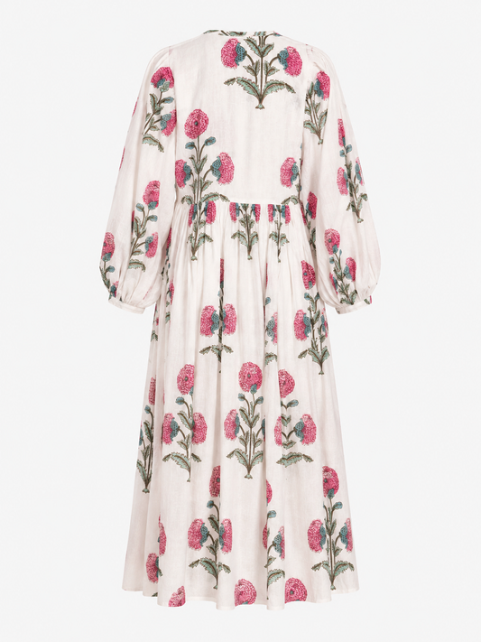 Grove - Midi Dress — ivory dress with pink and green floral motifs, garment-only back view