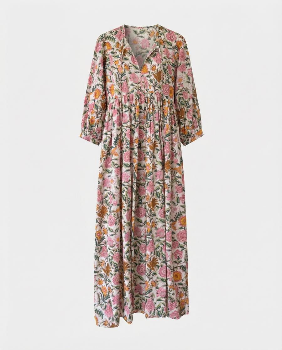 Rustic Blossom Midi Dress hand block print pink floral pattern