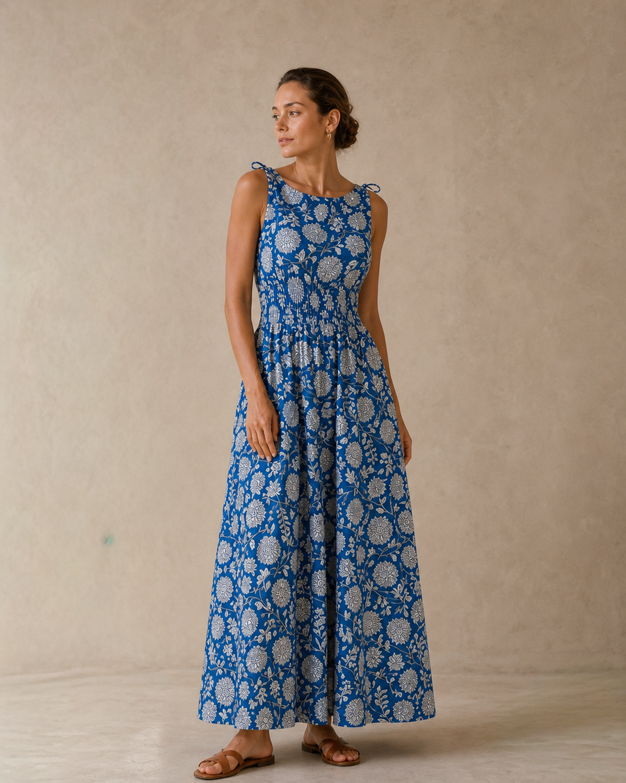 Blue Chrysanthemum Maxi Dress