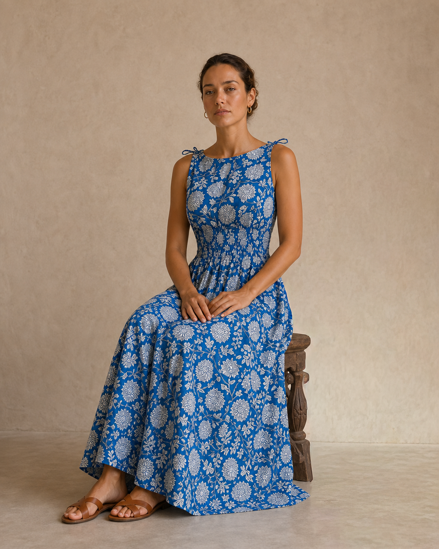 Blue Chrysanthemum Maxi Dress