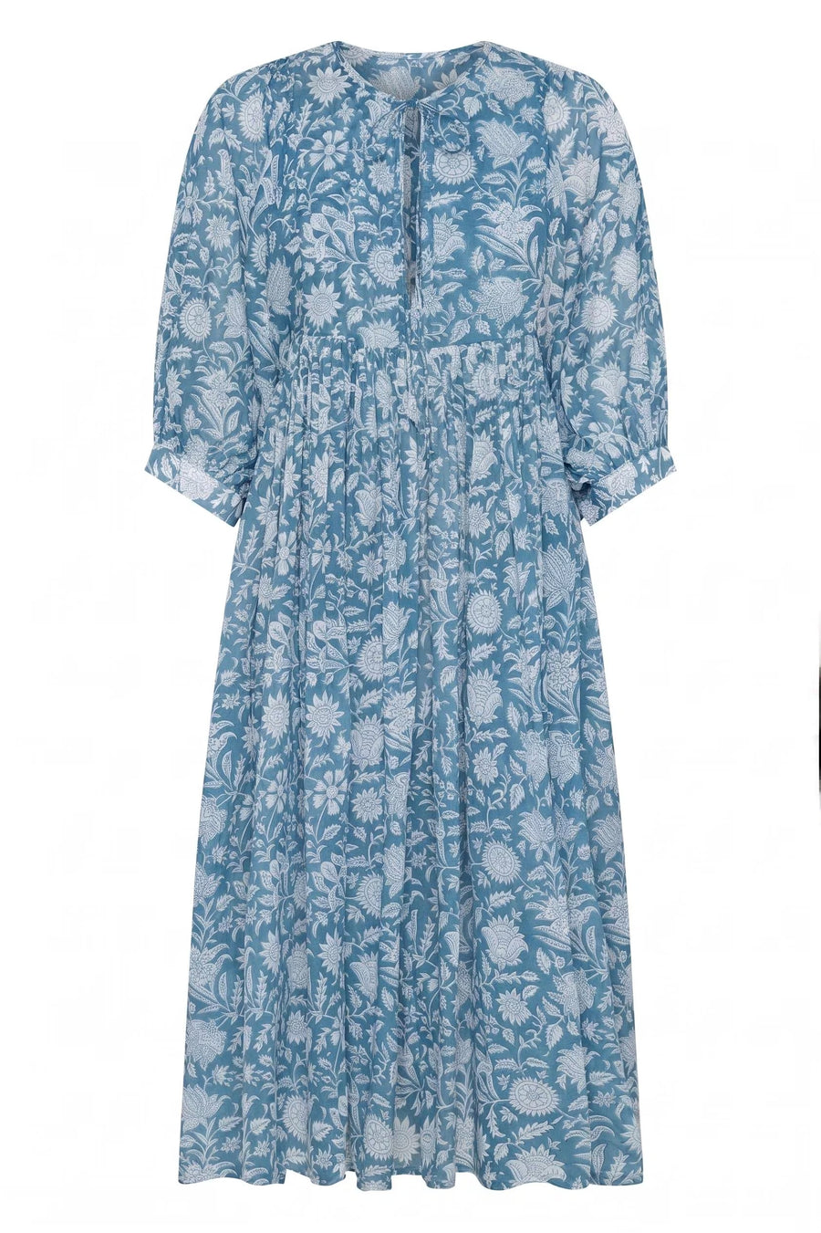 Back view of Sea Muse Midi Dress in Coastal Blue block print