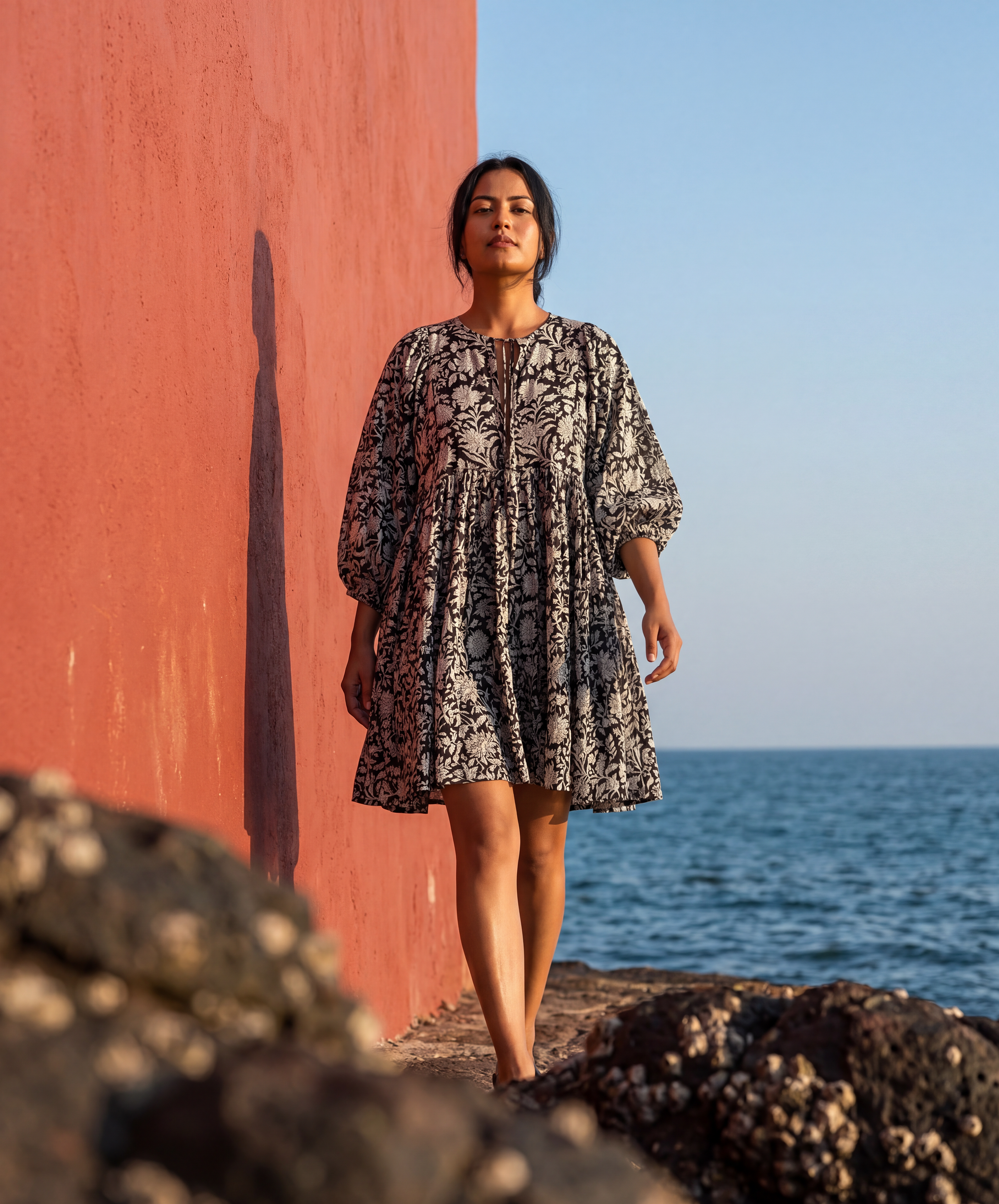 Midnight Bloom Mini Dress - Jaipur hand block print cotton mini dress