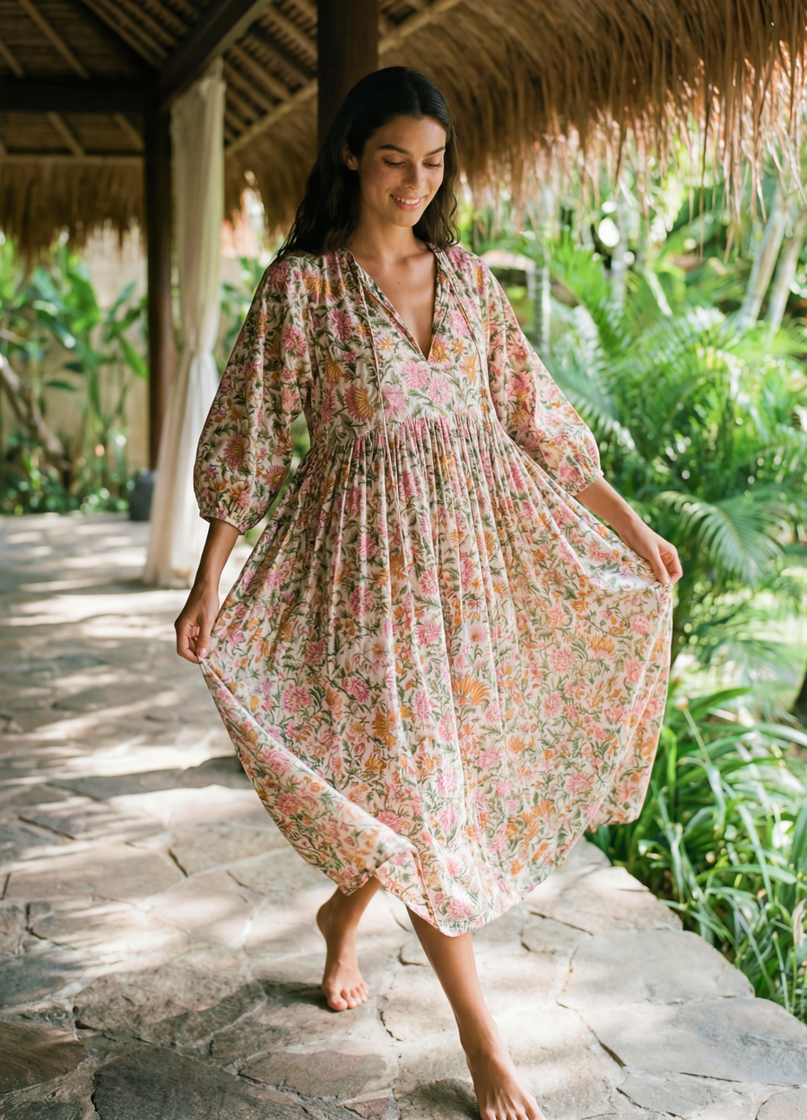 Back view of Rustic Blossom Midi Dress in floral block print