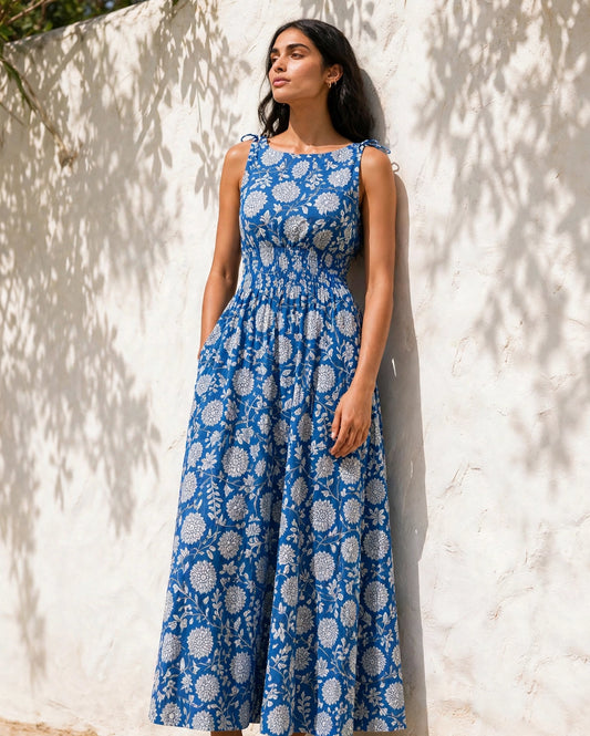 Blue Chrysanthemum Maxi Dress — indigo hand block print cotton maxi dress, front view