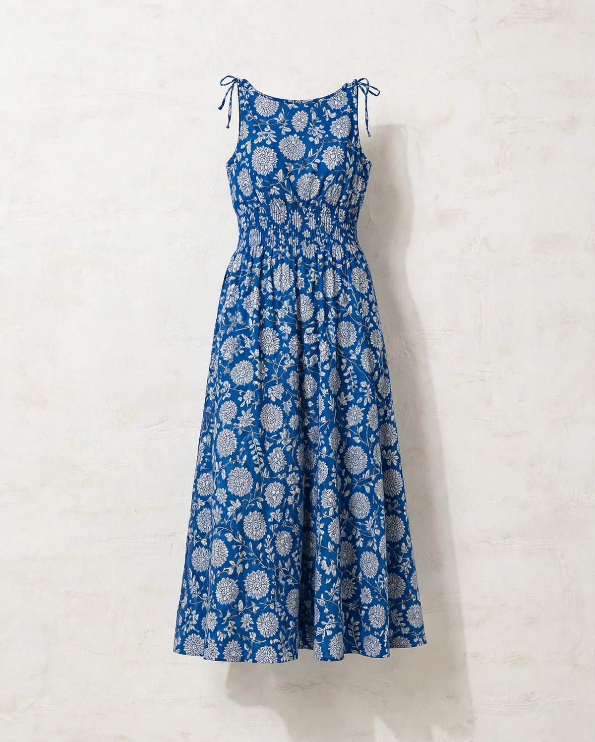 Blue Chrysanthemum Maxi Dress — indigo hand block print cotton maxi dress, flat lay