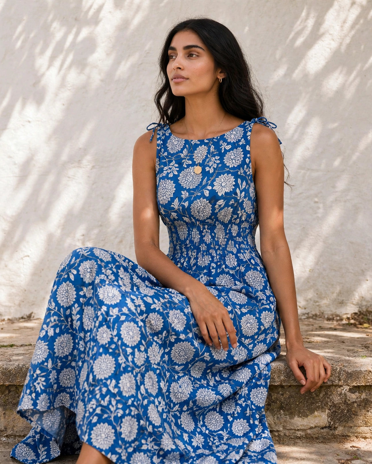 Blue Chrysanthemum Maxi Dress — indigo hand block print cotton maxi dress, seated pose
