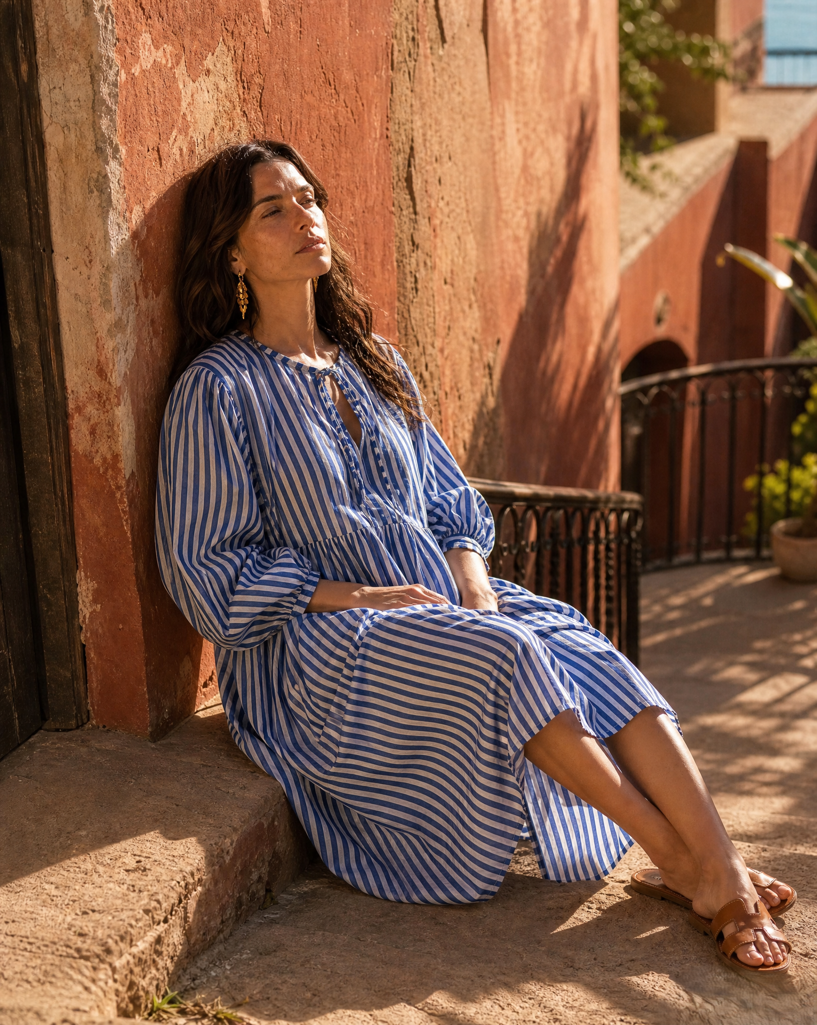 Azure Breeze Midi Dress - hand block print cotton dress, detail view