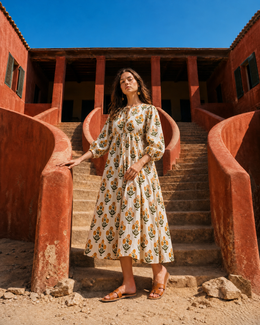Gulab Midi Dress - Golden Marigold — yellow floral hand block print cotton midi dress, back view on terracotta steps