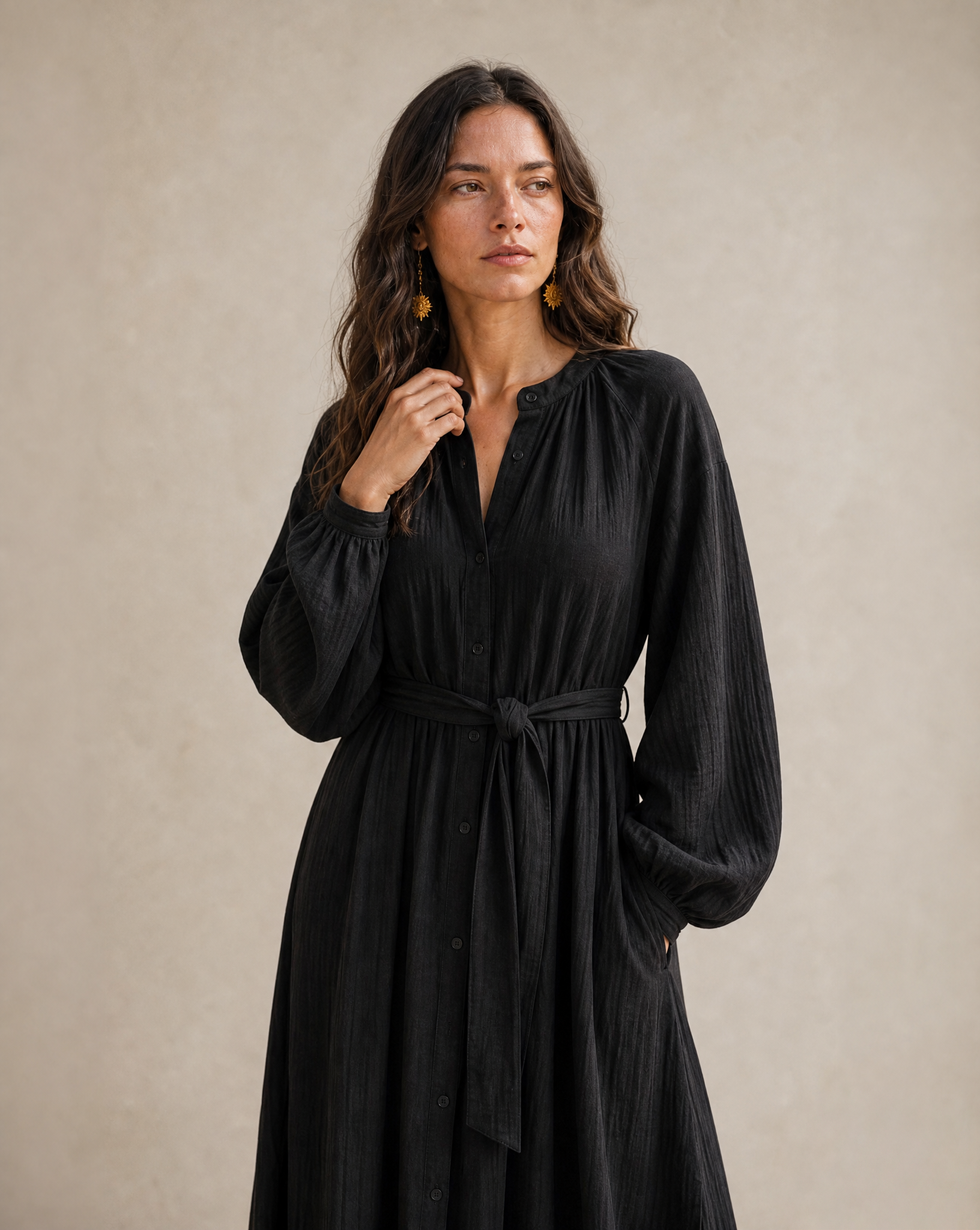 Woman wearing Midnight Bloom Maxi Dress, styled look