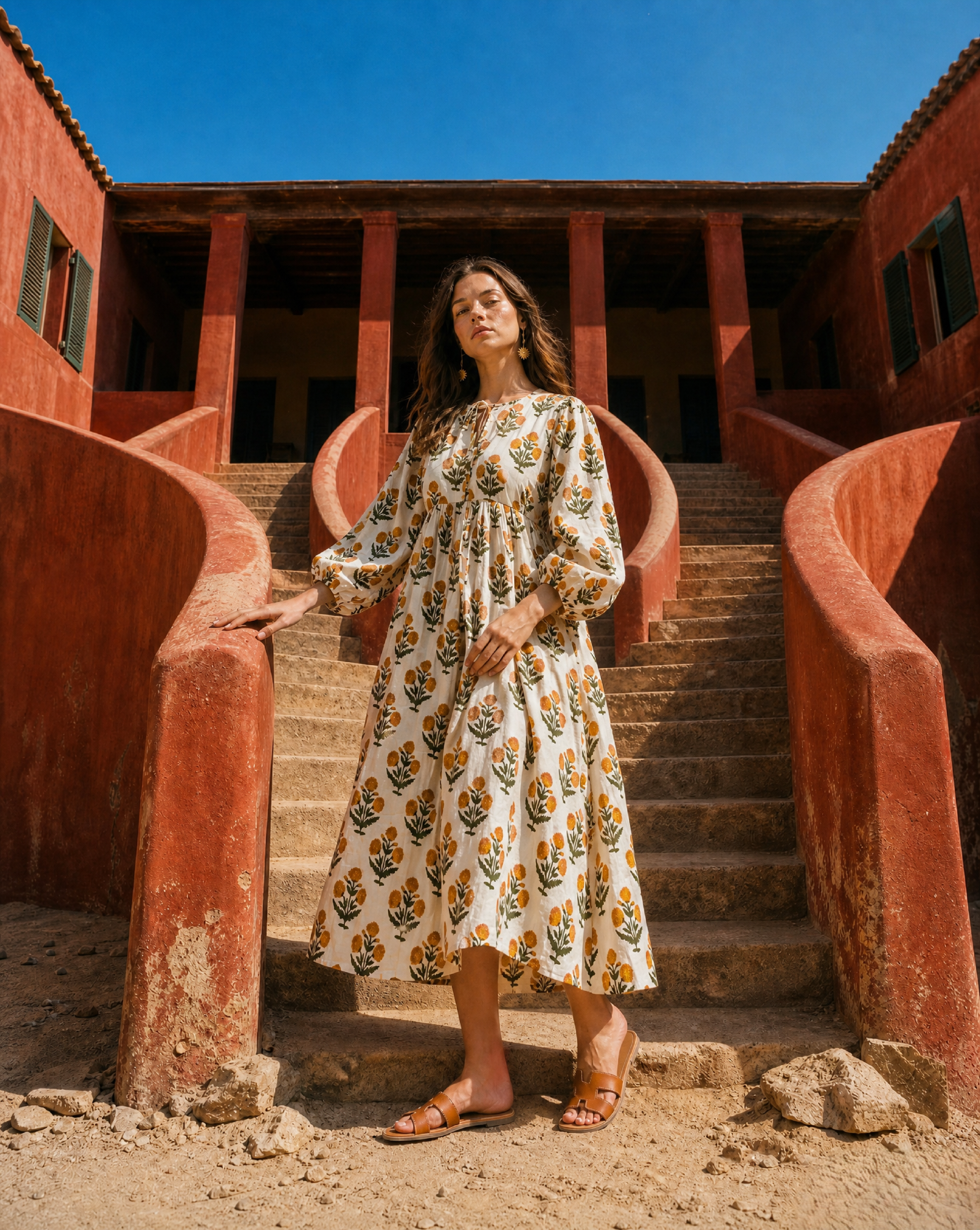 Close-up of Gulab Midi Dress Golden Marigold, Jaipur hand block print detail