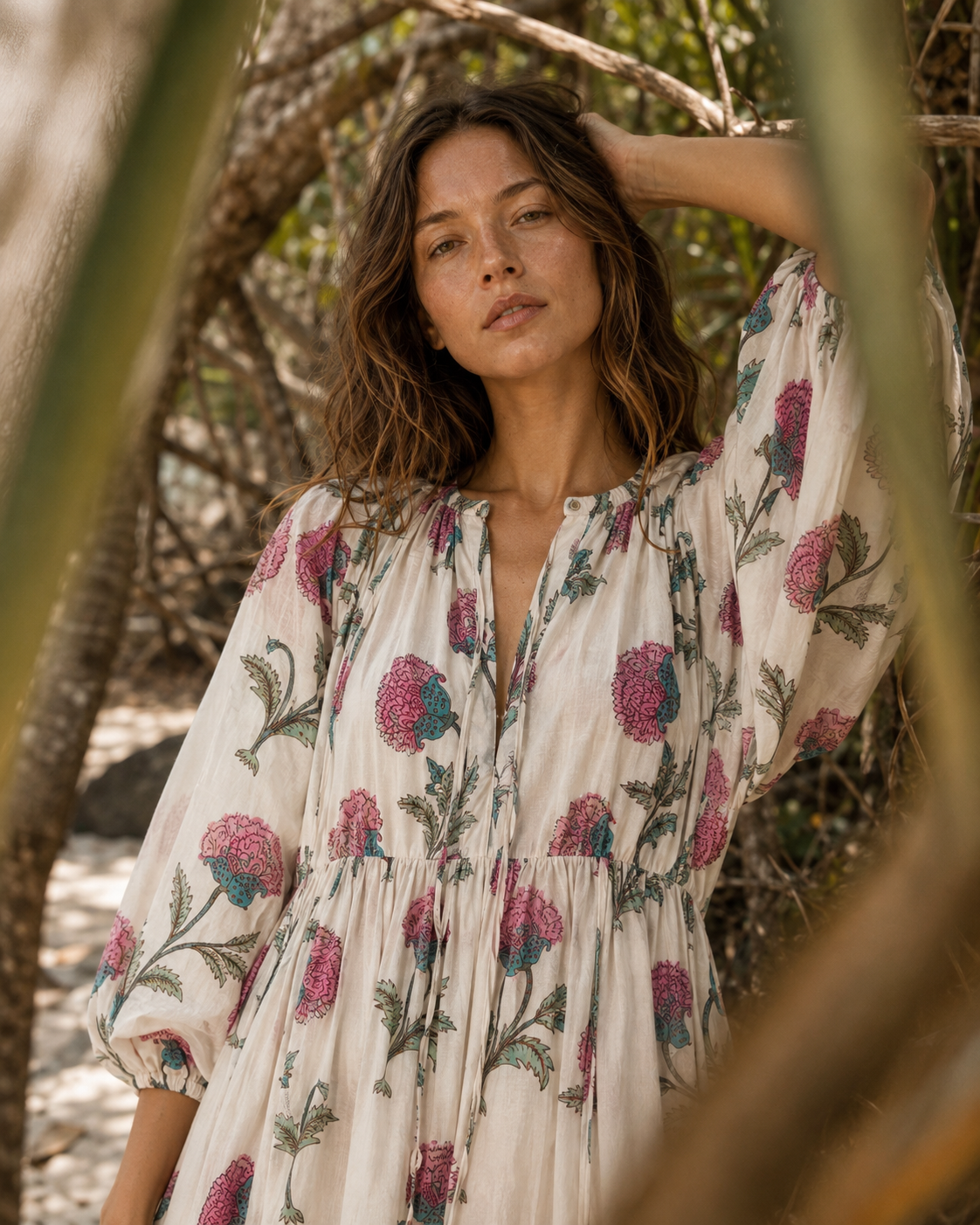 Grove - Midi Dress — ivory floral dress, neckline and sleeve detail on model