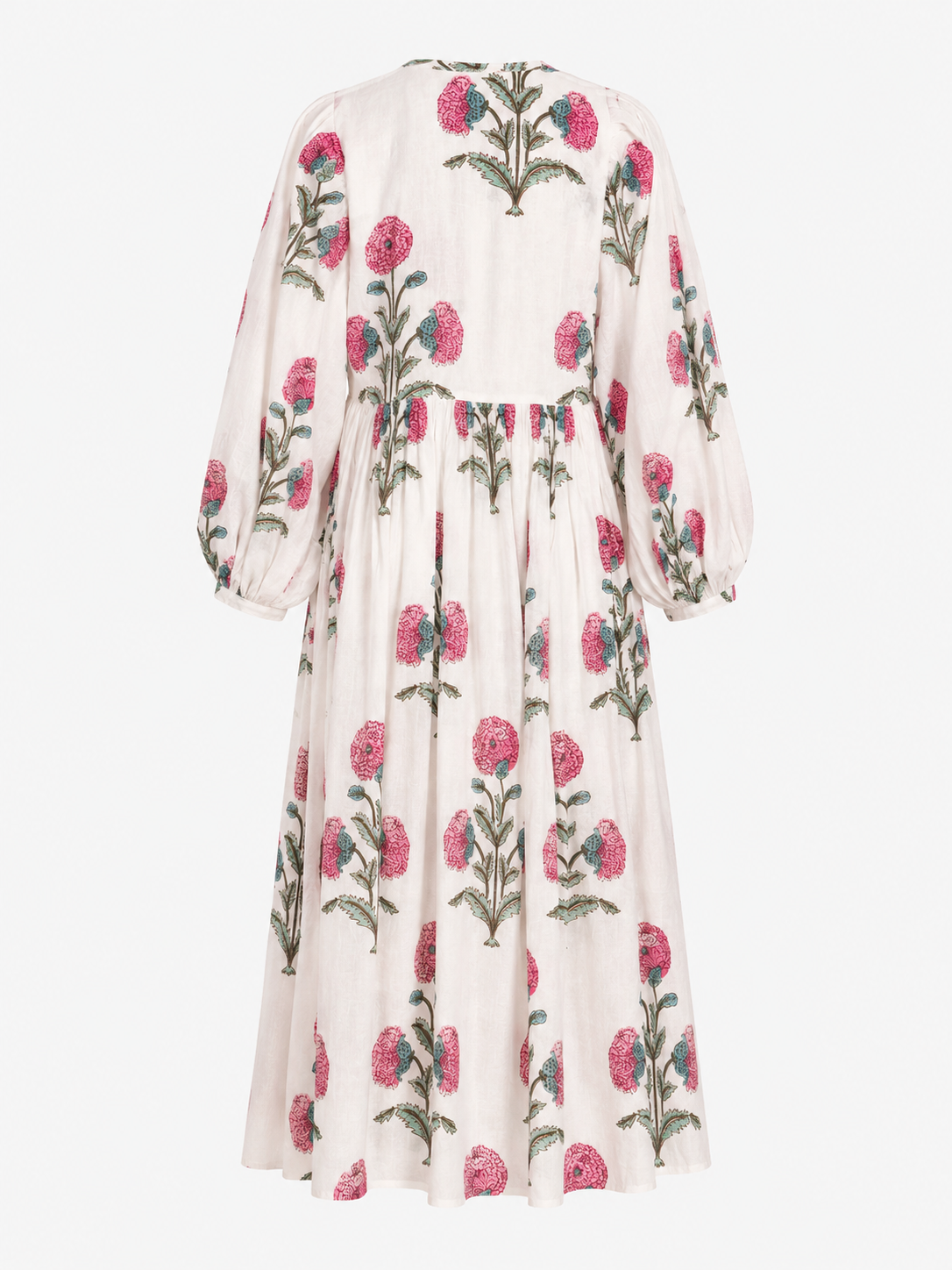 Grove - Midi Dress — ivory dress with pink and green floral motifs, garment-only back view