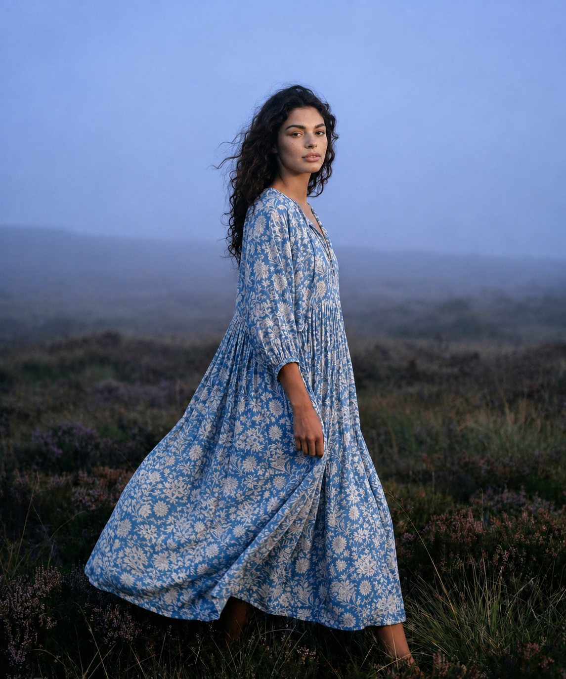 Sea Muse Midi Dress ~ Coastal Blue — blue floral dress, side view