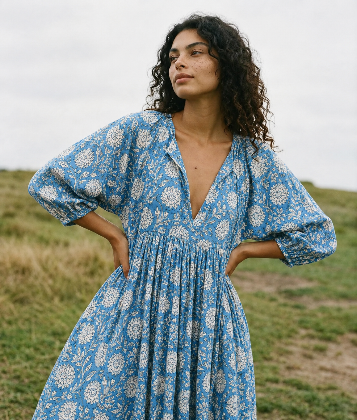 Sea Muse Midi Dress ~ Coastal Blue — blue floral dress, neckline and sleeve detail