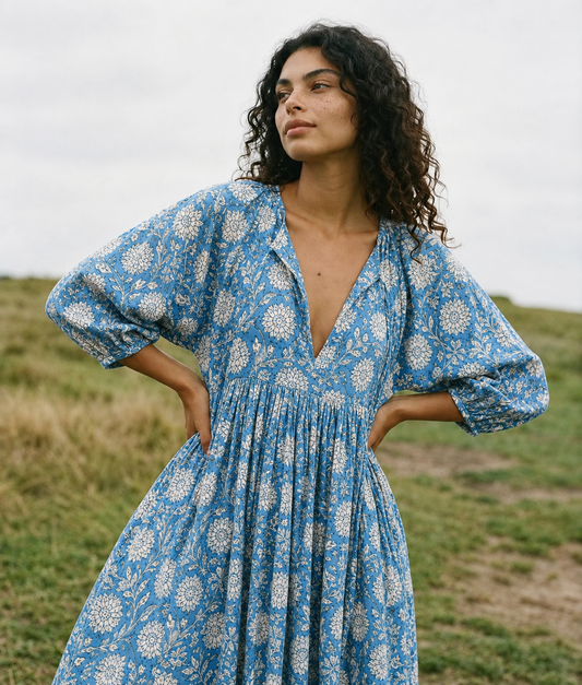 Sea Muse Midi Dress ~ Coastal Blue — blue floral dress, neckline and sleeve detail