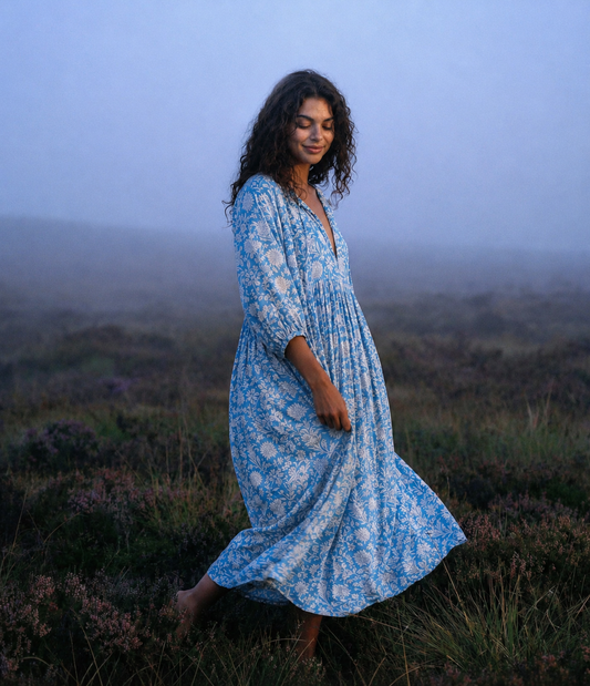 Sea Muse Midi Dress ~ Coastal Blue — blue floral dress, full-length three-quarter view