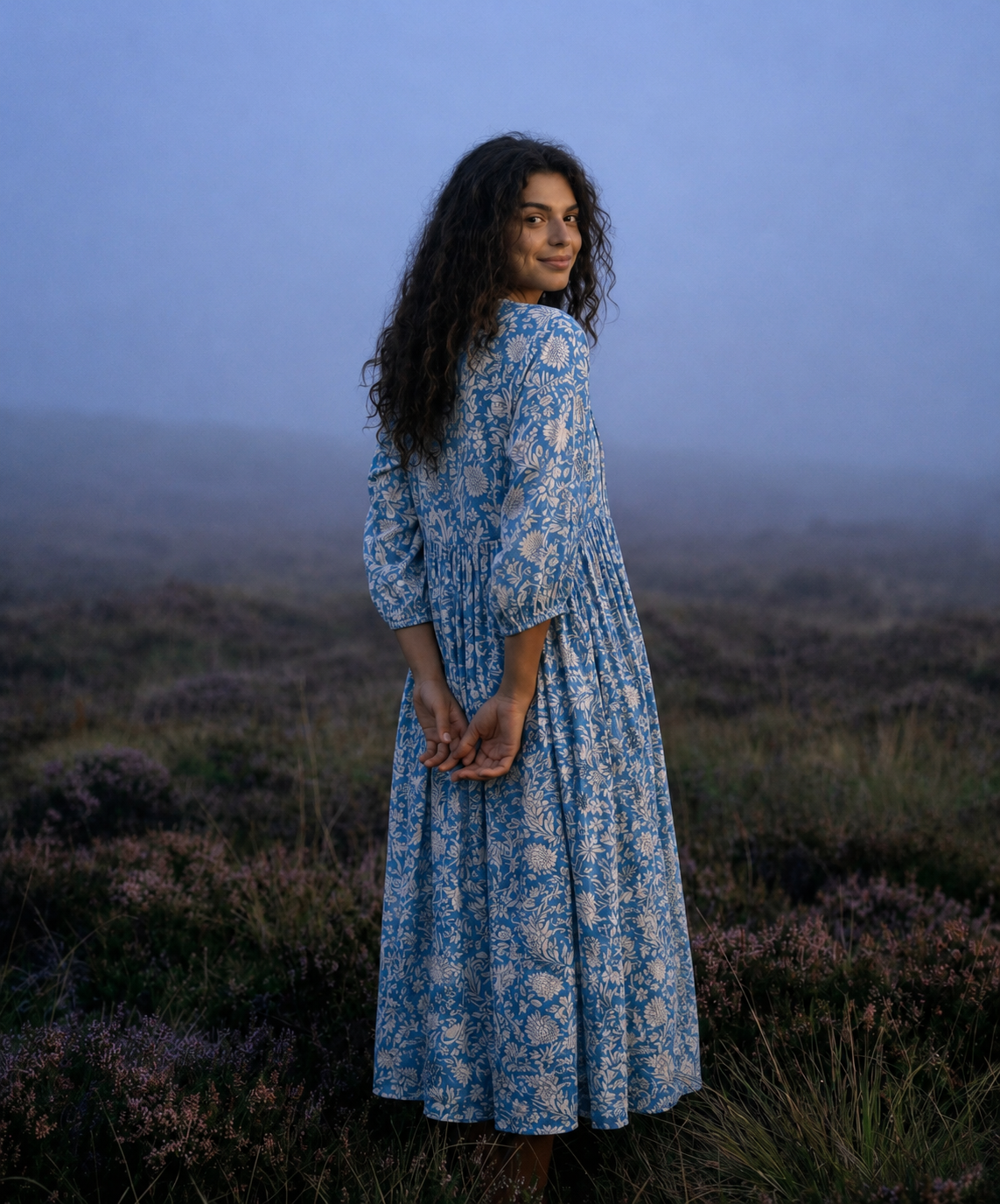 Sea Muse Midi Dress ~ Coastal Blue — blue floral dress, back three-quarter view