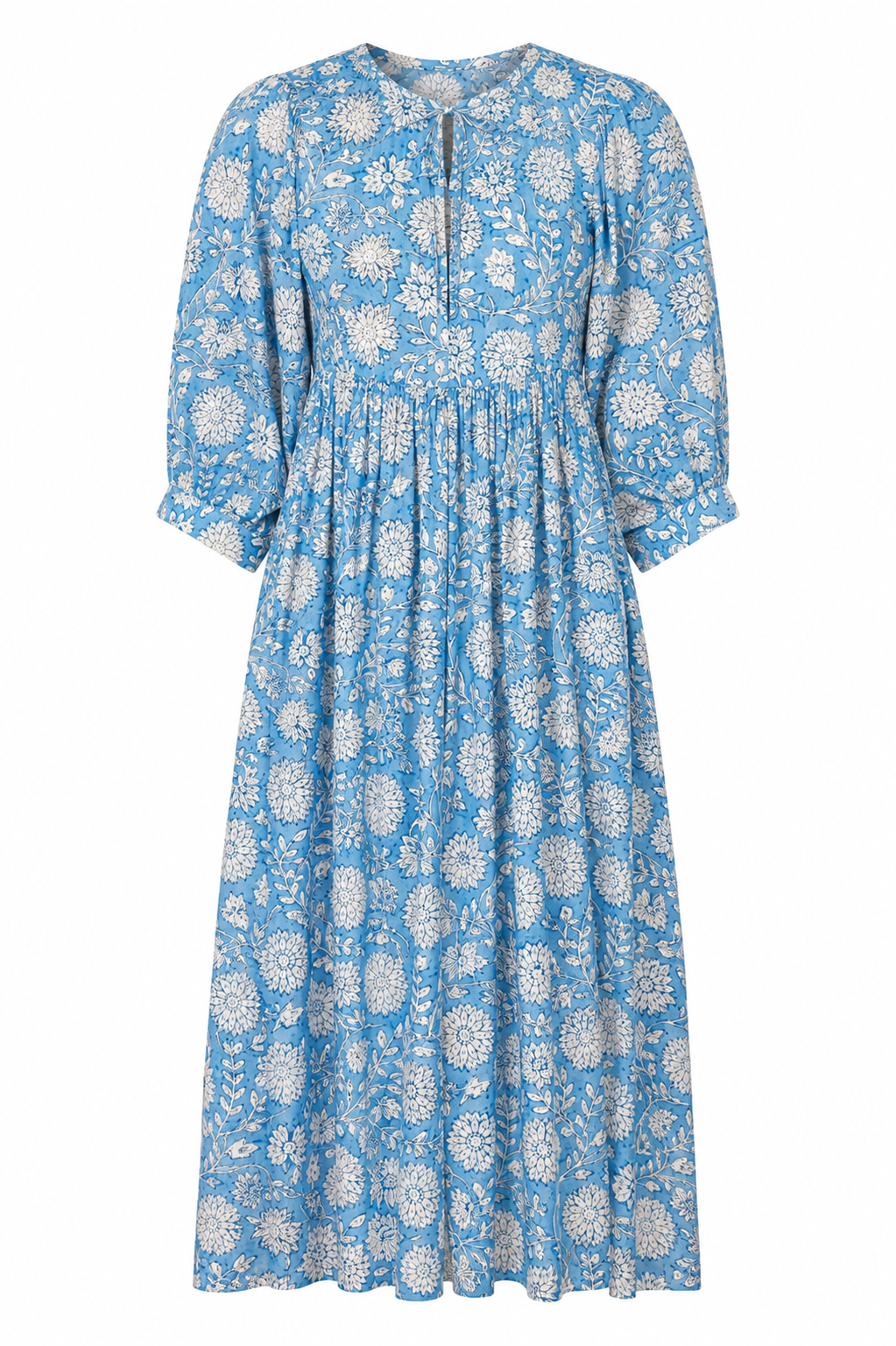 Sea Muse Midi Dress ~ Coastal Blue — blue floral dress, garment-only front view