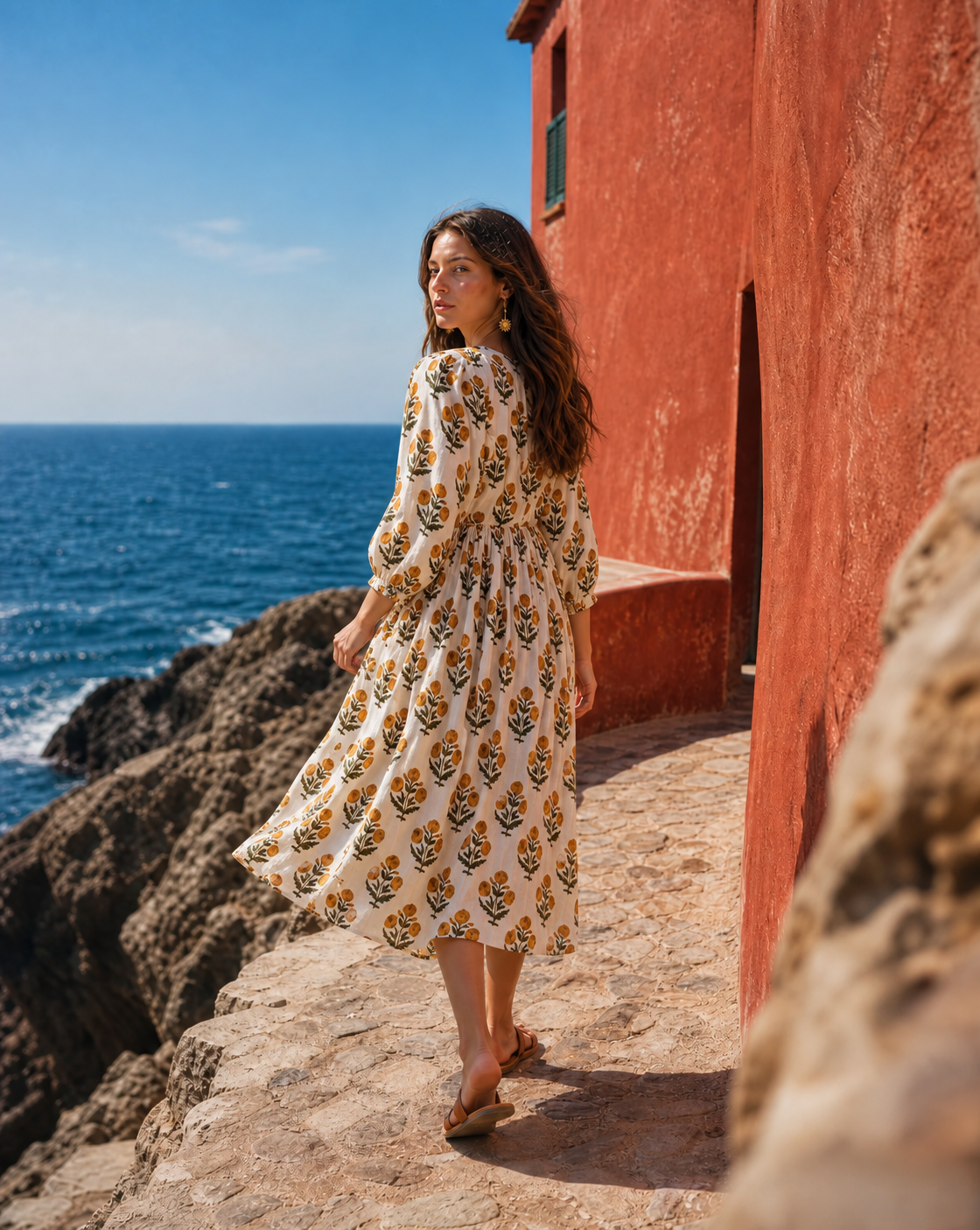 Gulab Midi Dress - Golden Marigold — yellow floral hand block print cotton midi dress on terracotta steps