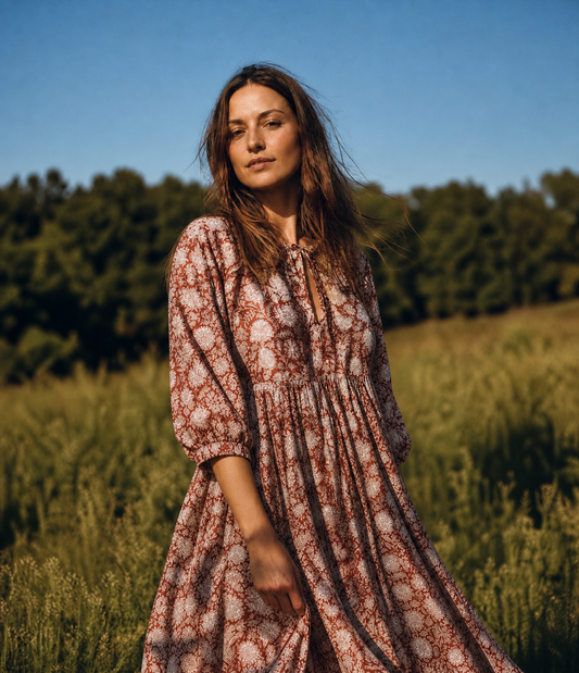 Meadow Grace Block Print Midi Dress — terracotta floral cotton midi dress, portrait view