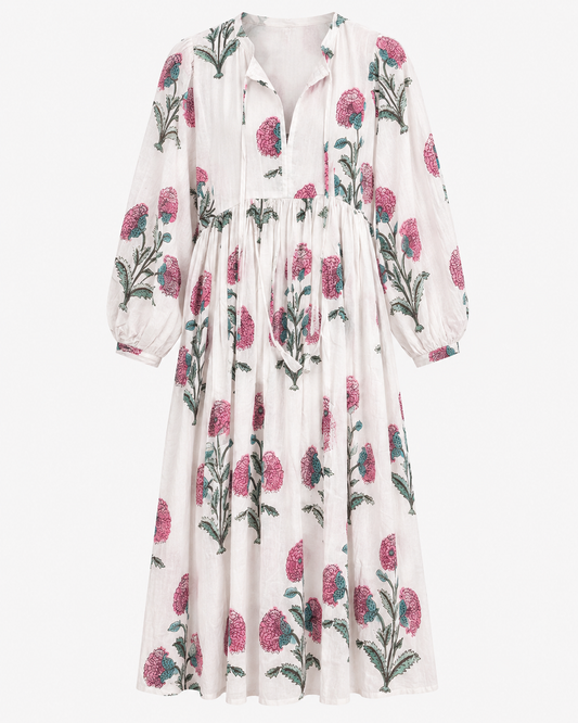 Grove - Midi Dress — ivory dress with pink and green floral motifs, garment-only front view