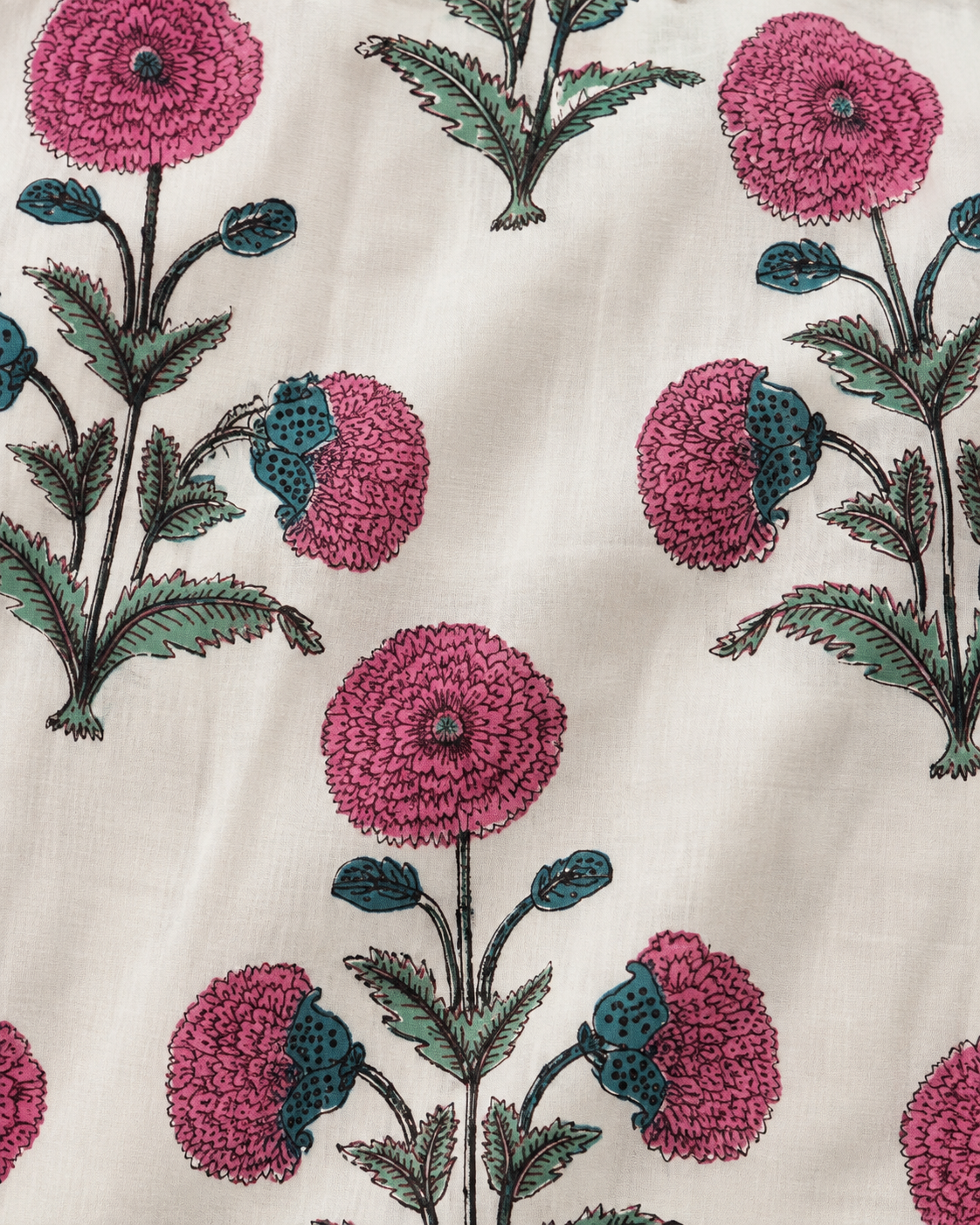 Grove - Midi Dress — pink flower and green leaf motif close-up on ivory fabric