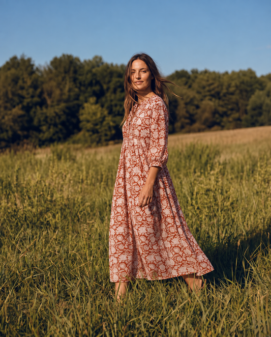 Meadow Grace Block Print Midi Dress — terracotta floral cotton midi dress in sunlit meadow