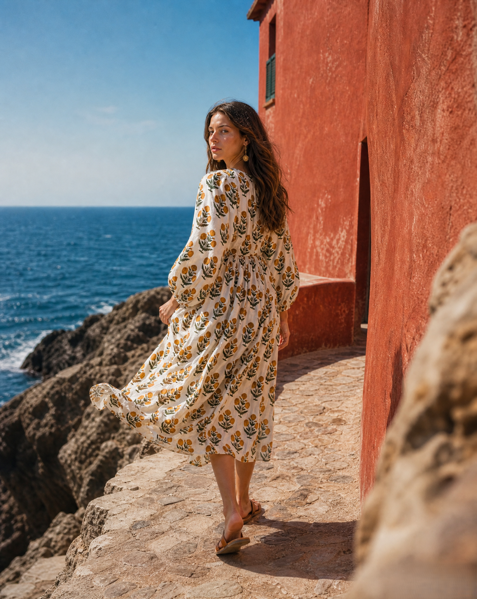 Gulab Midi Dress in Golden Marigold - hand block print cotton midi dress, front view