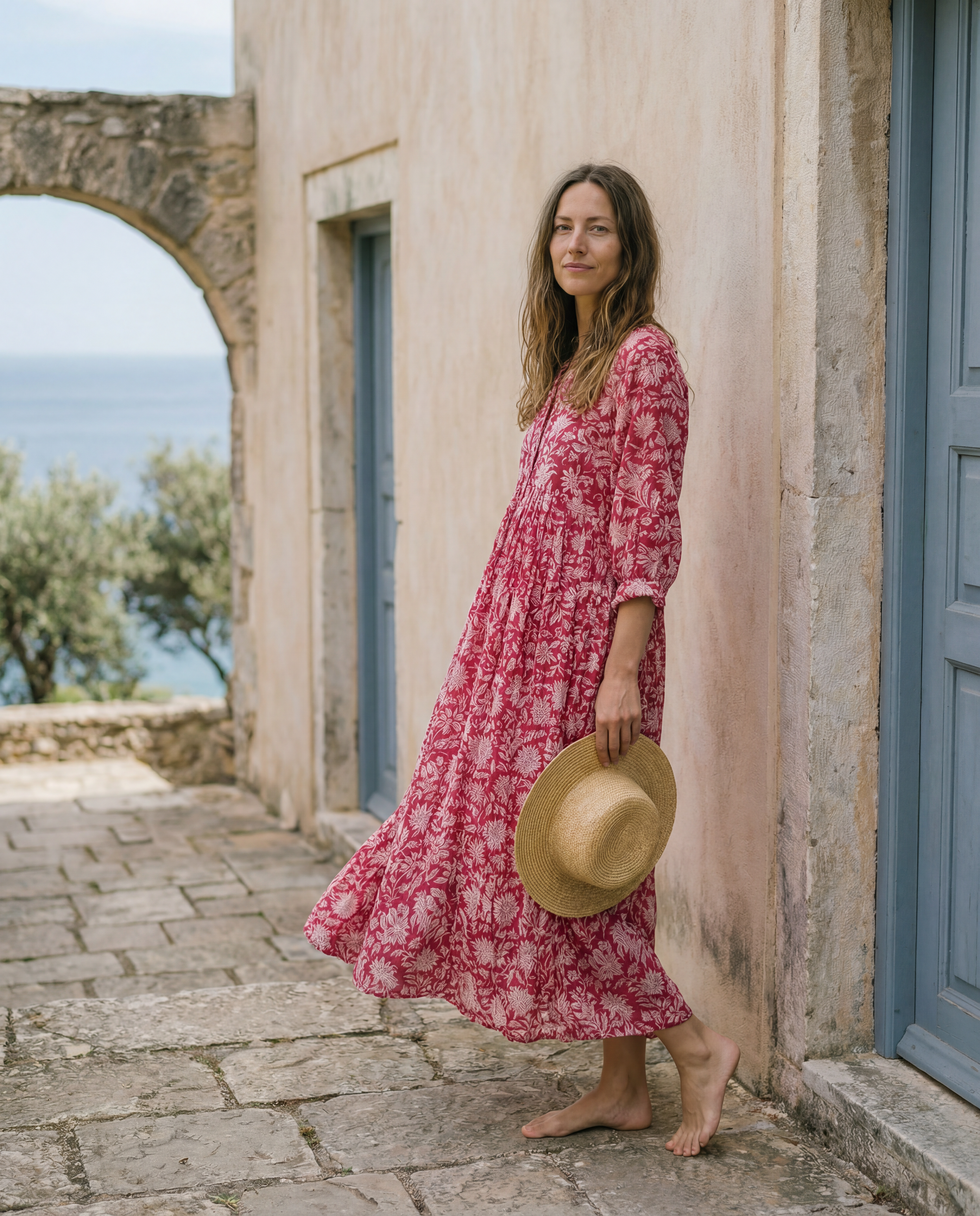 handcrafted rose midi dress New Alohi-bohemian Dress,hand Block Printed Cotton,casual,occasional,pure Cotton,handcrafted,ethical Fashion,floral,grey,red,rose