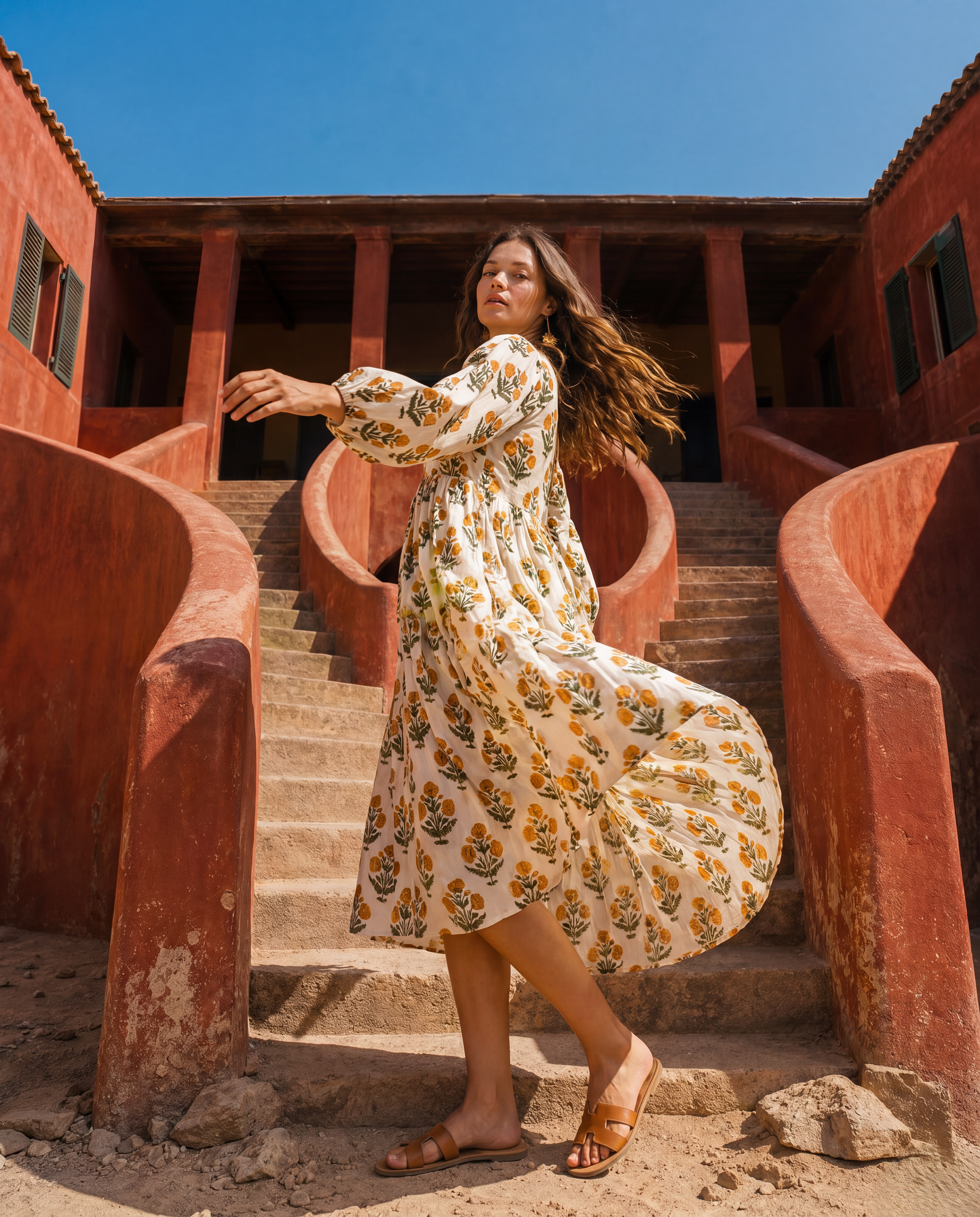 Woman wearing Gulab Midi Dress Golden Marigold, hand block printed artisan cotton dress