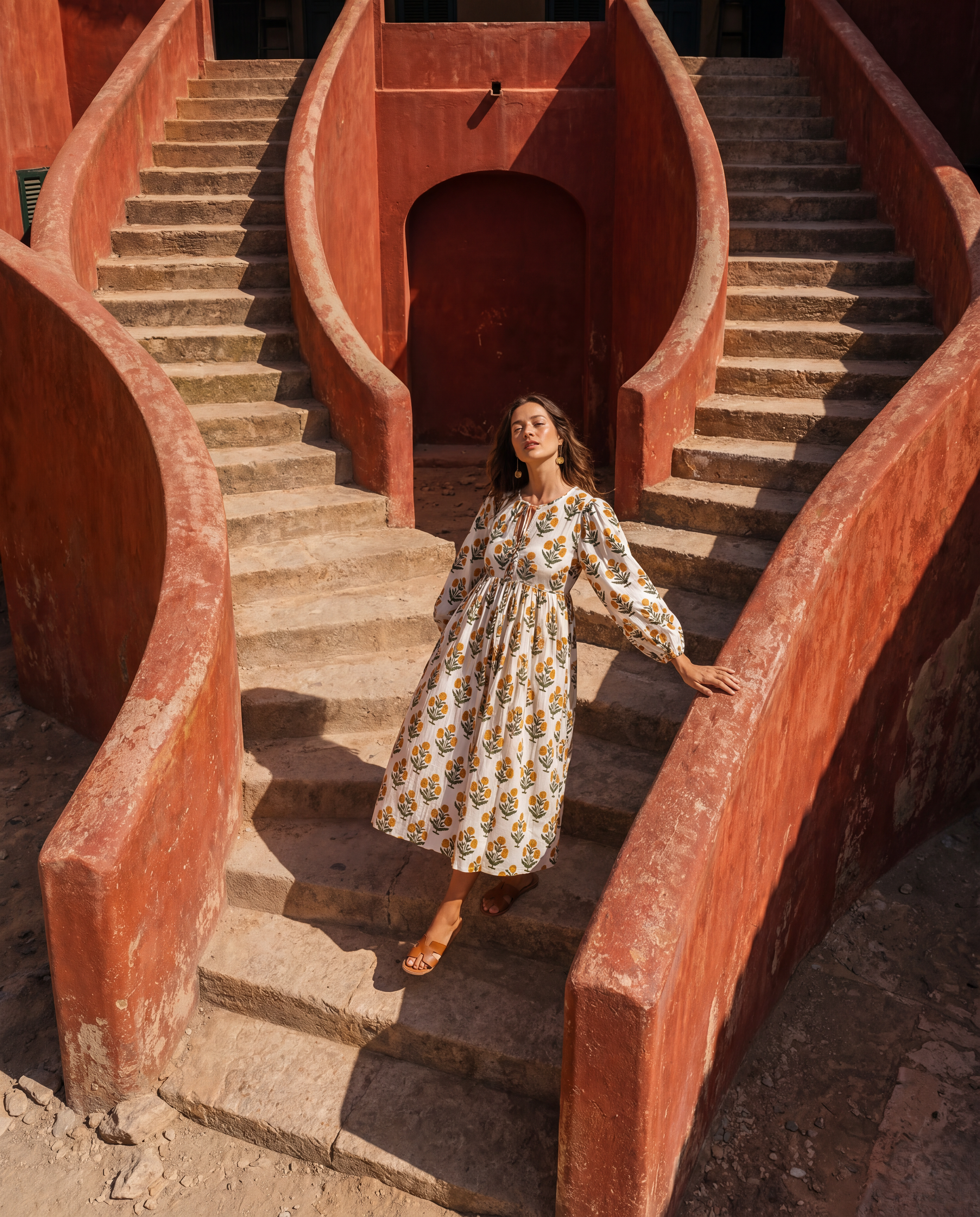 Gulab Midi Dress Golden Marigold, premium cotton boho midi dress silhouette