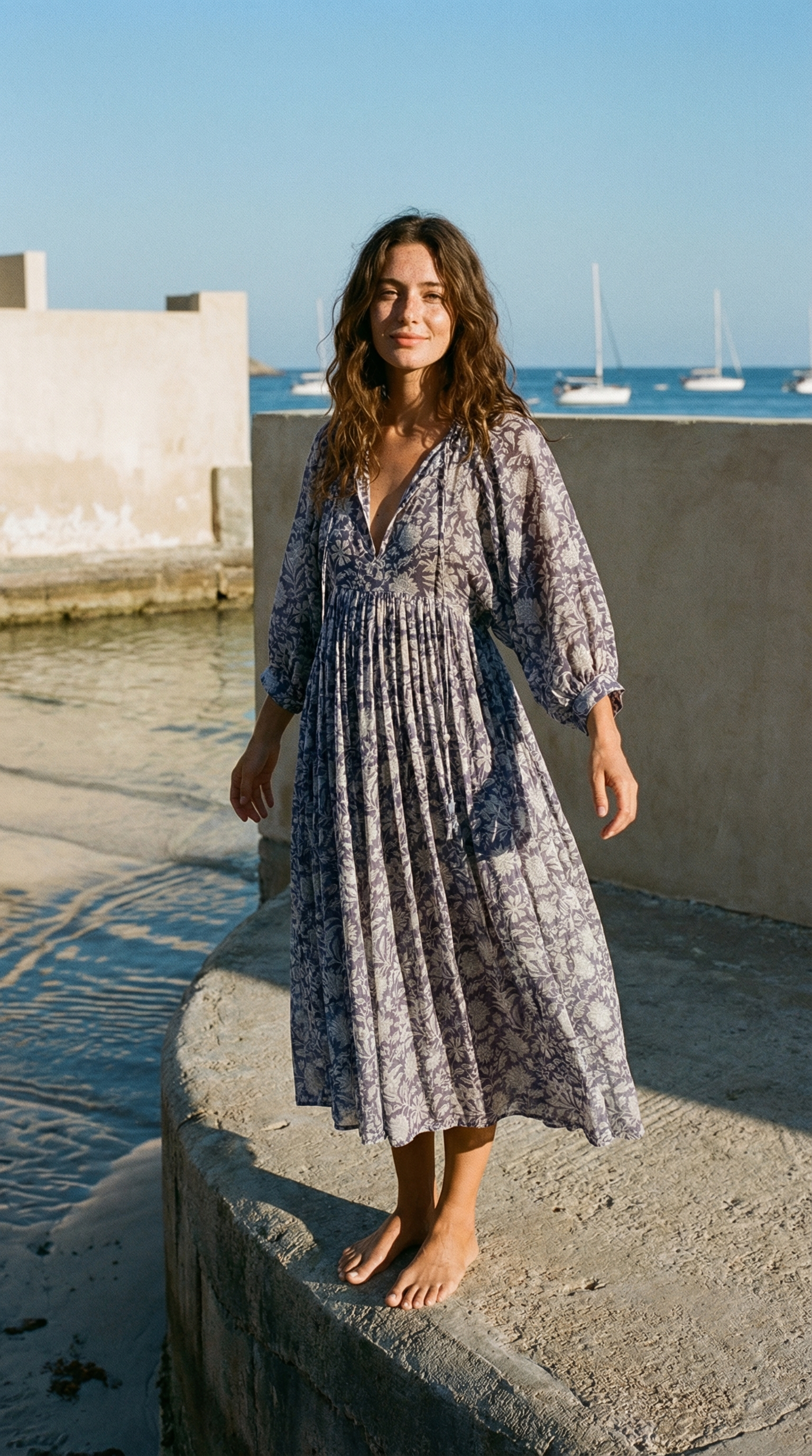 Woman in a patterned dress standing by a waterfront with boats in the background
