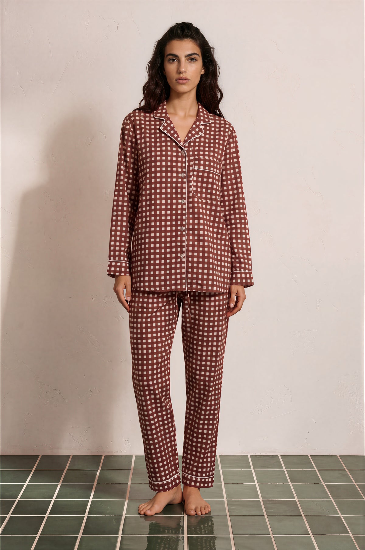 Rosewood Check Pajama Set — rust check cotton pajama set worn by model