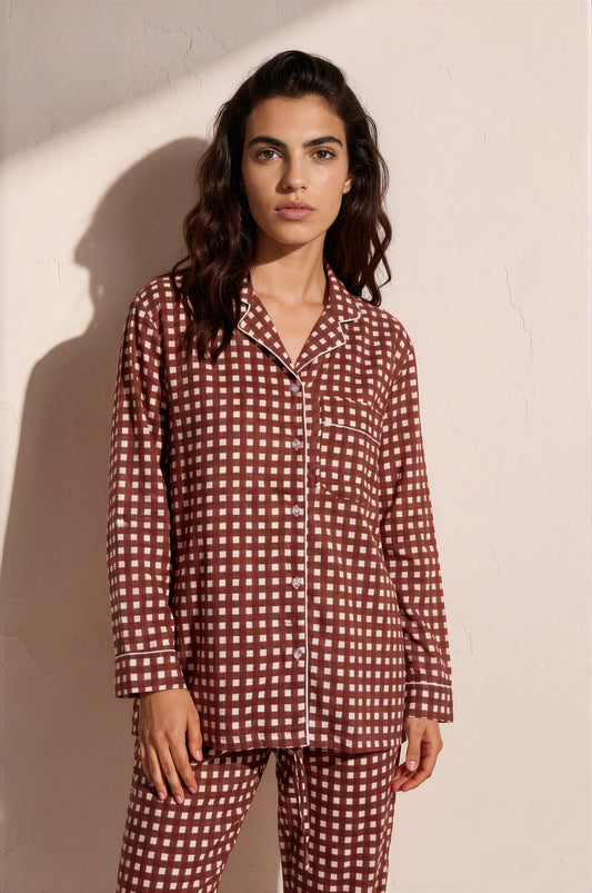 Rosewood Check Pajama Set — rust check cotton pajama set, full length