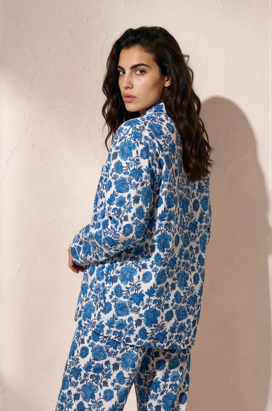 Blue Blossom Cotton Pajama Set — blue floral cotton pajama set, full length