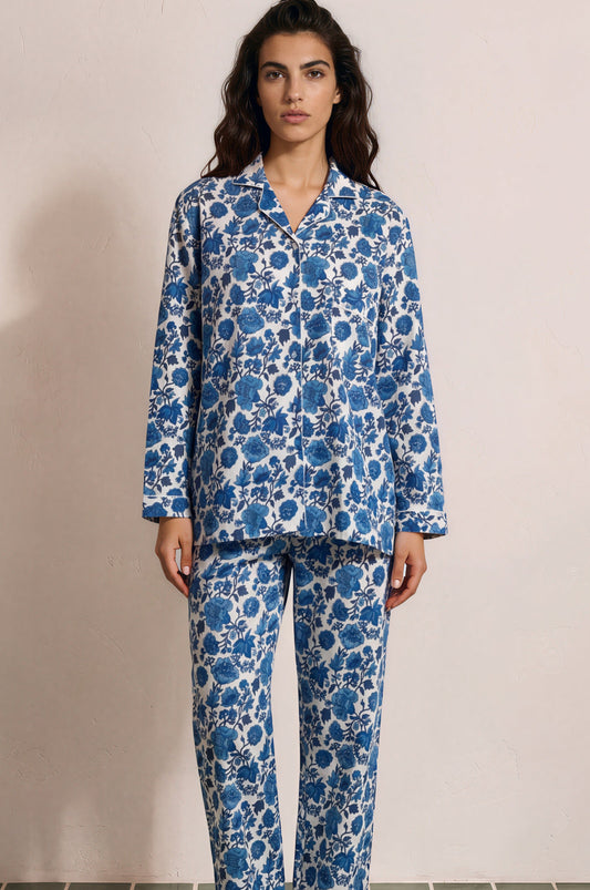 Blue Blossom Cotton Pajama Set — blue floral cotton pajama set worn by model