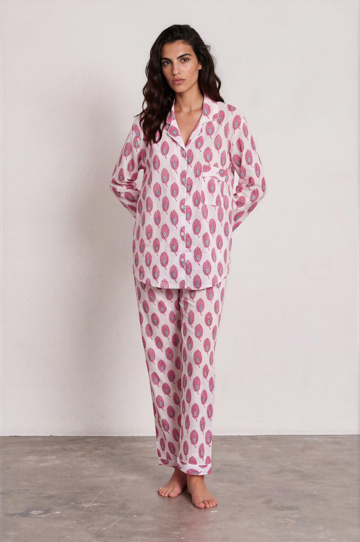 Pink Plume Cotton Pajama Set — pink plume print cotton sleepwear set
