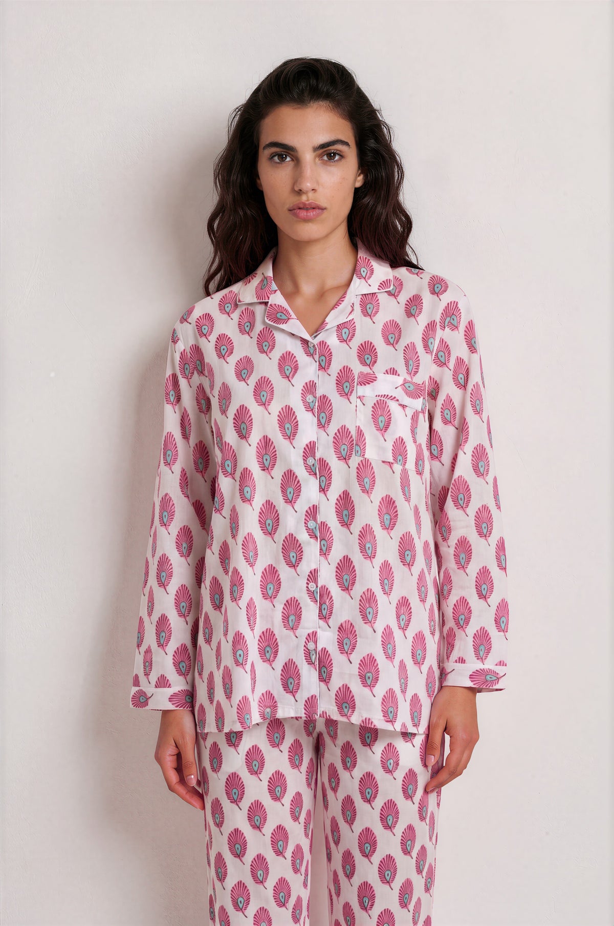 Pink Plume Cotton Pajama Set — pink plume print cotton pajama set worn by model