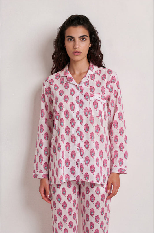 Pink Plume Cotton Pajama Set — pink plume print cotton pajama set worn by model