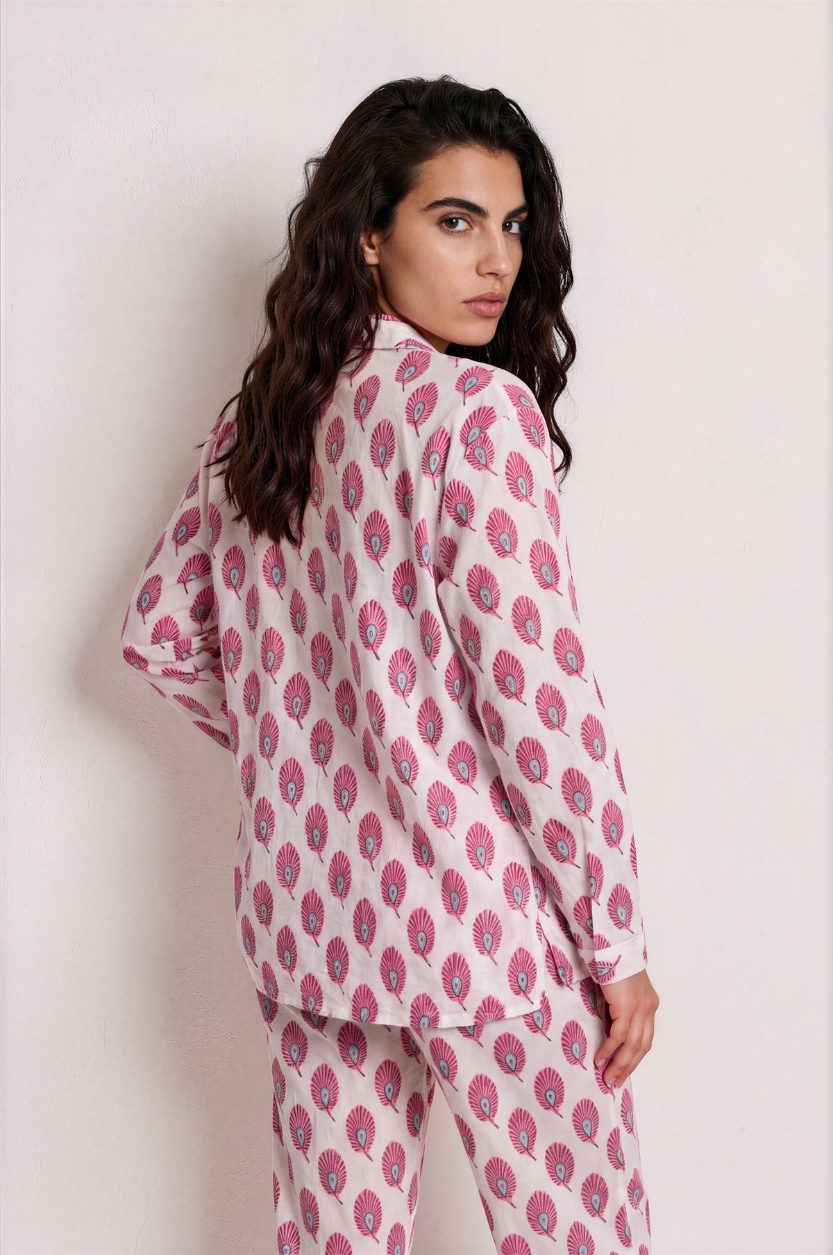 Pink Plume Cotton Pajama Set — pink plume print cotton pajama set, full length