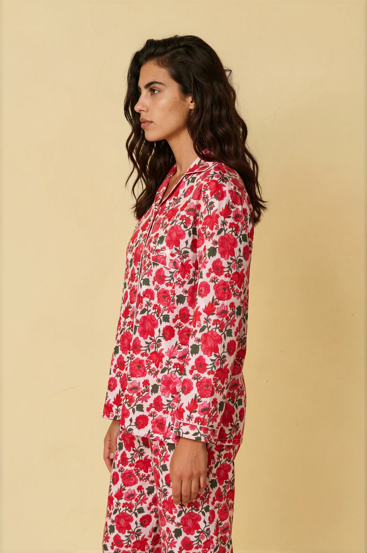 Scarlet Bloom Cotton Pajama Set — red floral cotton pajama set, full length