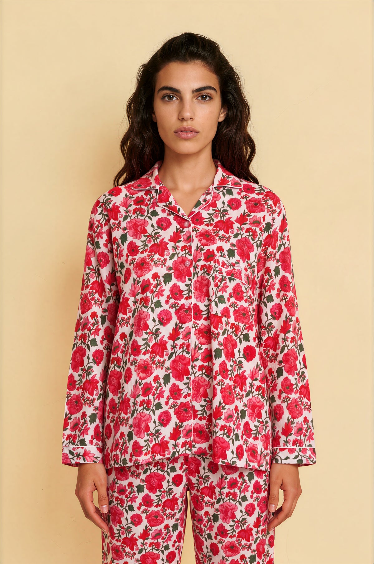 Scarlet Bloom Cotton Pajama Set — red floral cotton pajama set worn by model