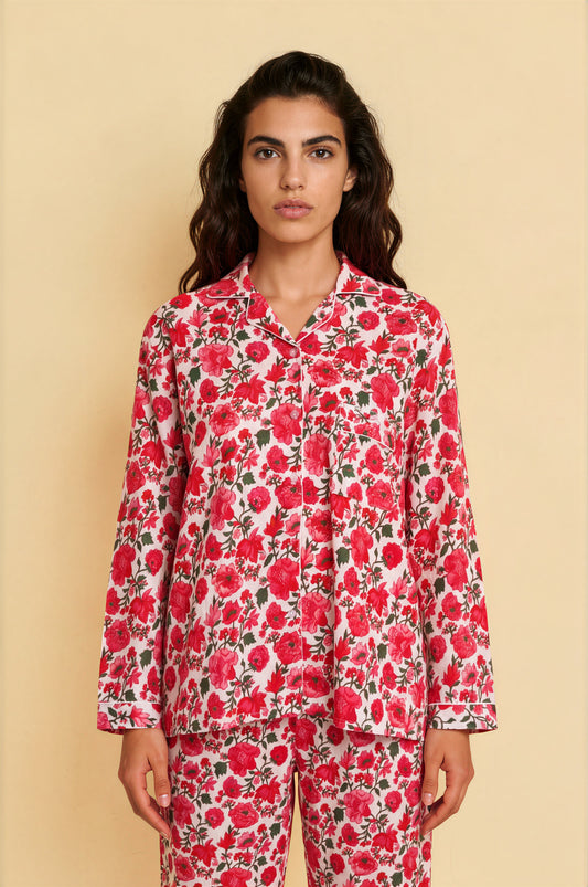 Scarlet Bloom Cotton Pajama Set — red floral cotton pajama set worn by model