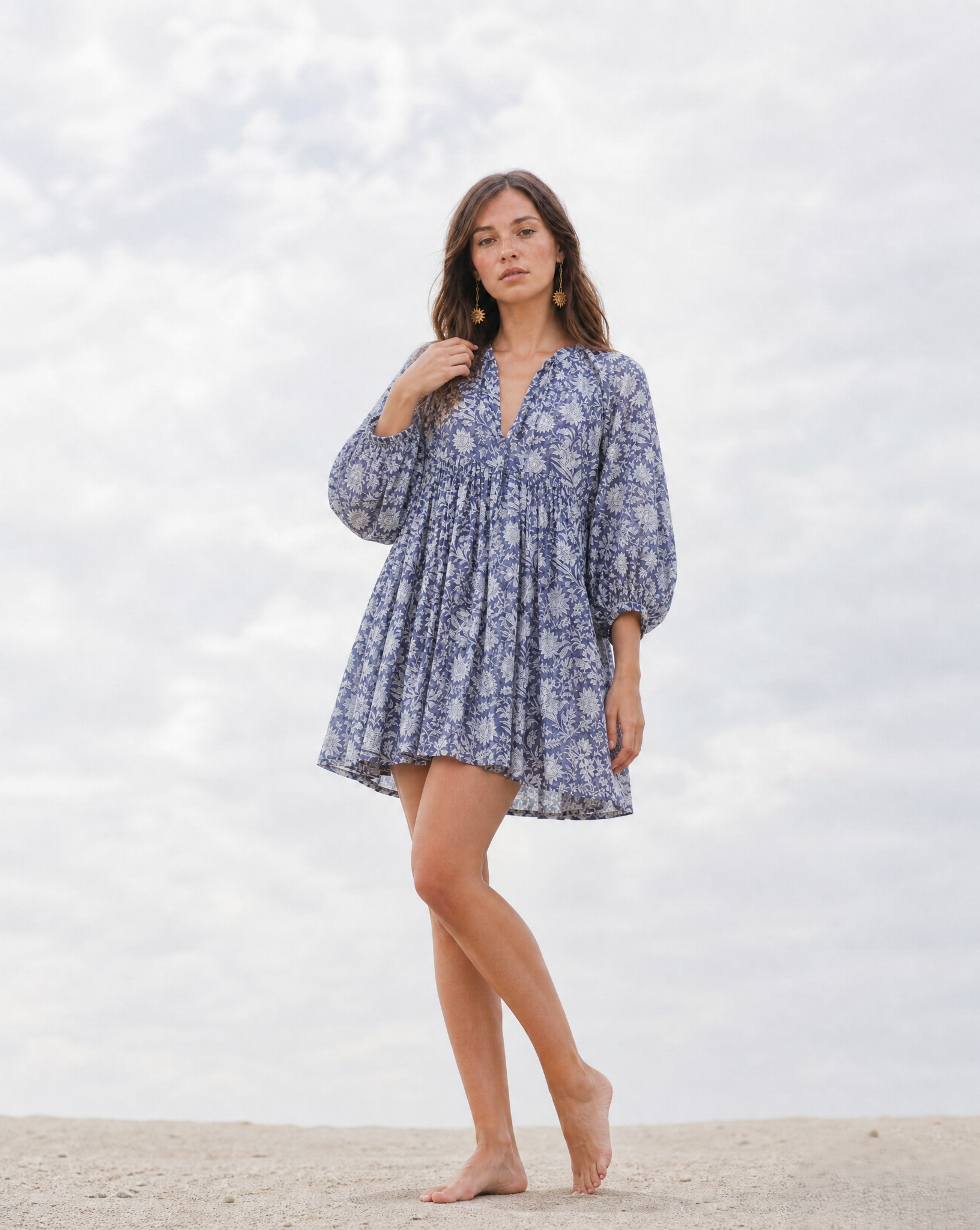 Woman wearing Lavender Meadow Mini Dress, hand block print cotton