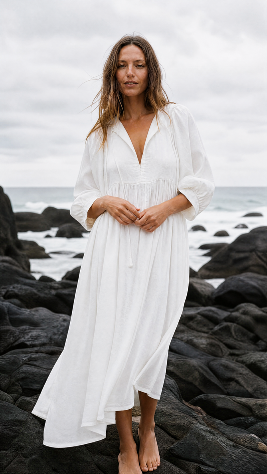 Noor Midi Dress – White — white dress, full-length front view